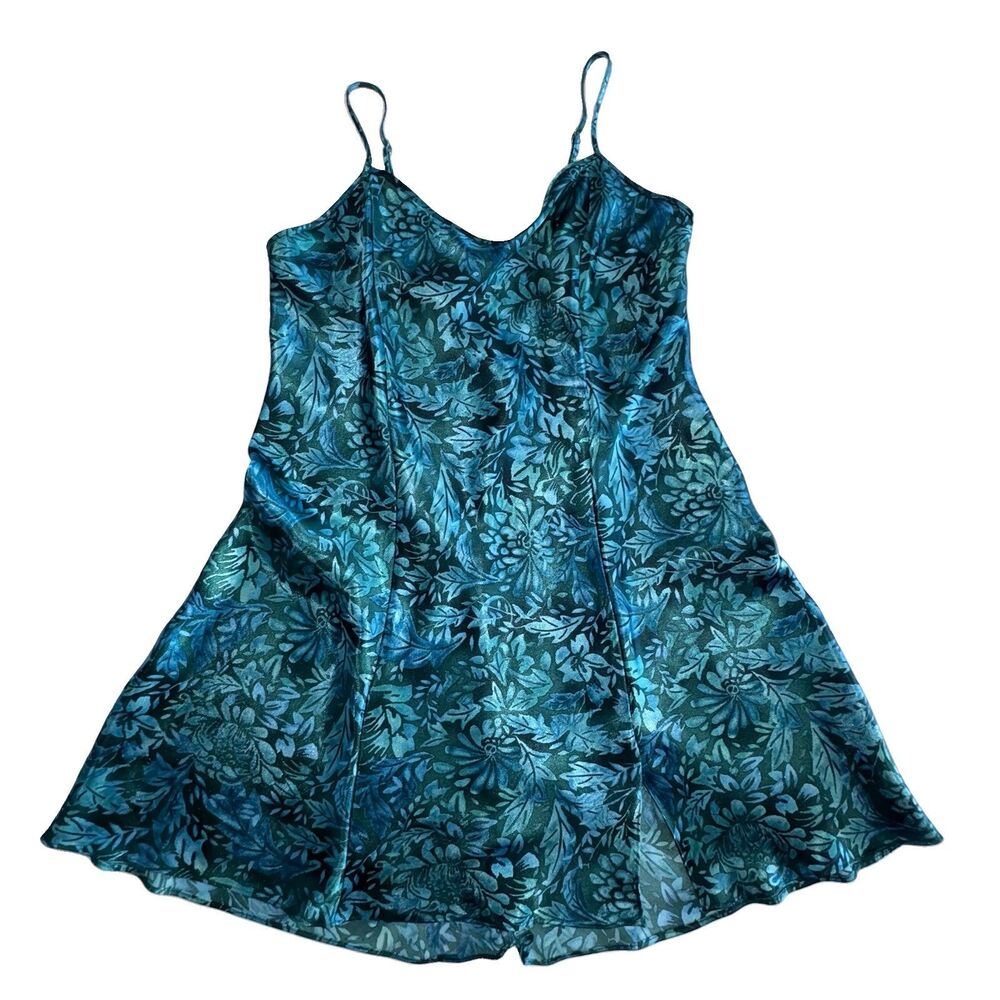 Sophia By Delicates Blue Green Floral Satin Chemise Slip Dress Y2K Size Medium